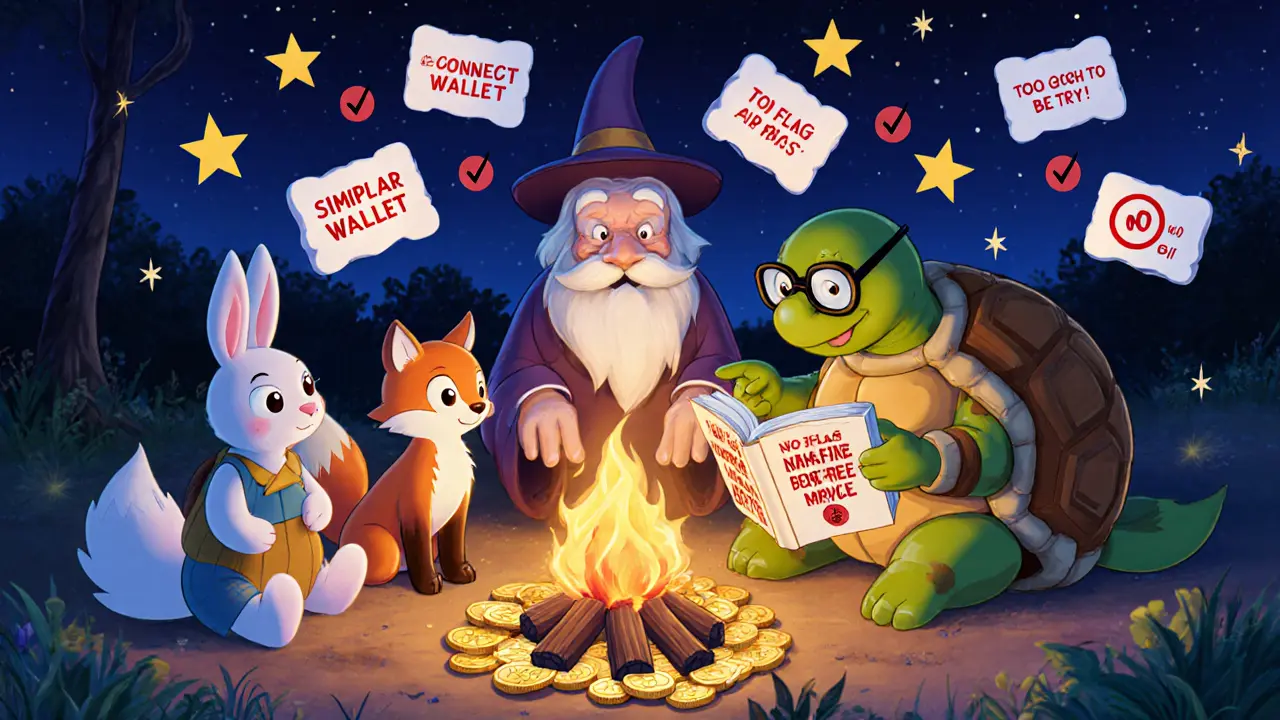 Animales aprenden a identificar airdrops falsos con la ayuda de una tortuga sabia y un libro iluminado.