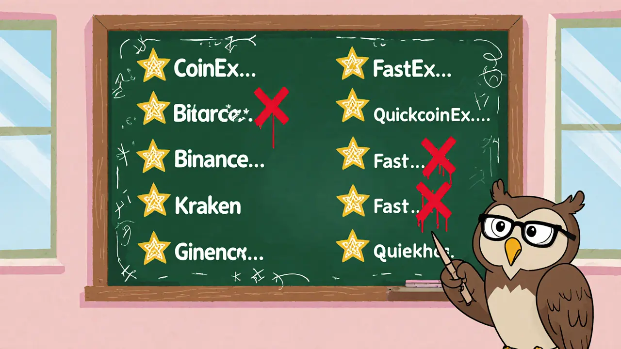 Aula con pizarra que muestra nombres reales y falsos de exchanges, resaltando patrones de fraude.