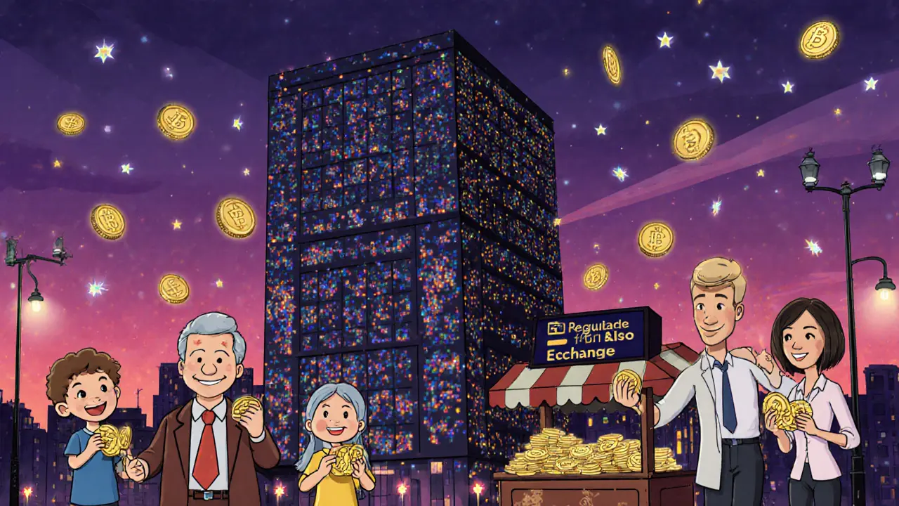 Ciudad con edificio tokenizado, tokens flotando y inversores felices en un mercado regulado estilo cartoon.