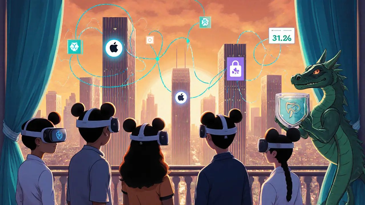 Ciudad virtual al atardecer con avatares en cascos VR, mostrando crecimiento y seguridad.