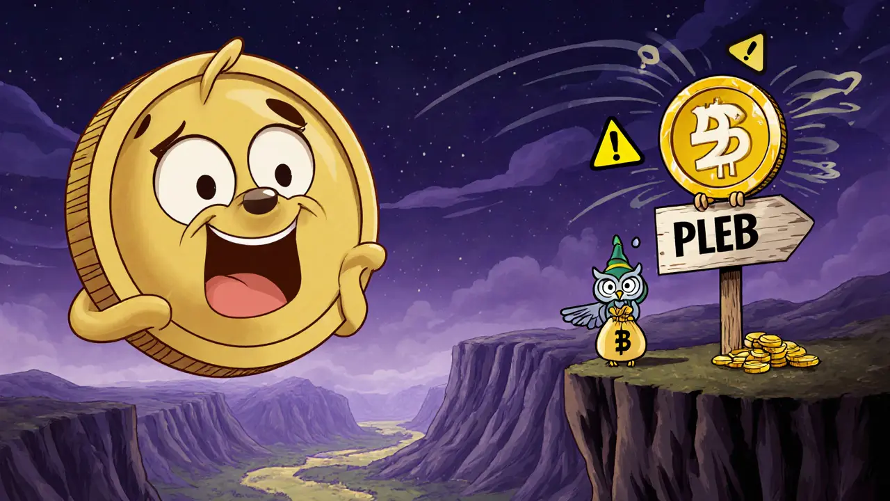 Cliff con Dogecoin y PLEB, un búho de advertencia y un inversor cauteloso.