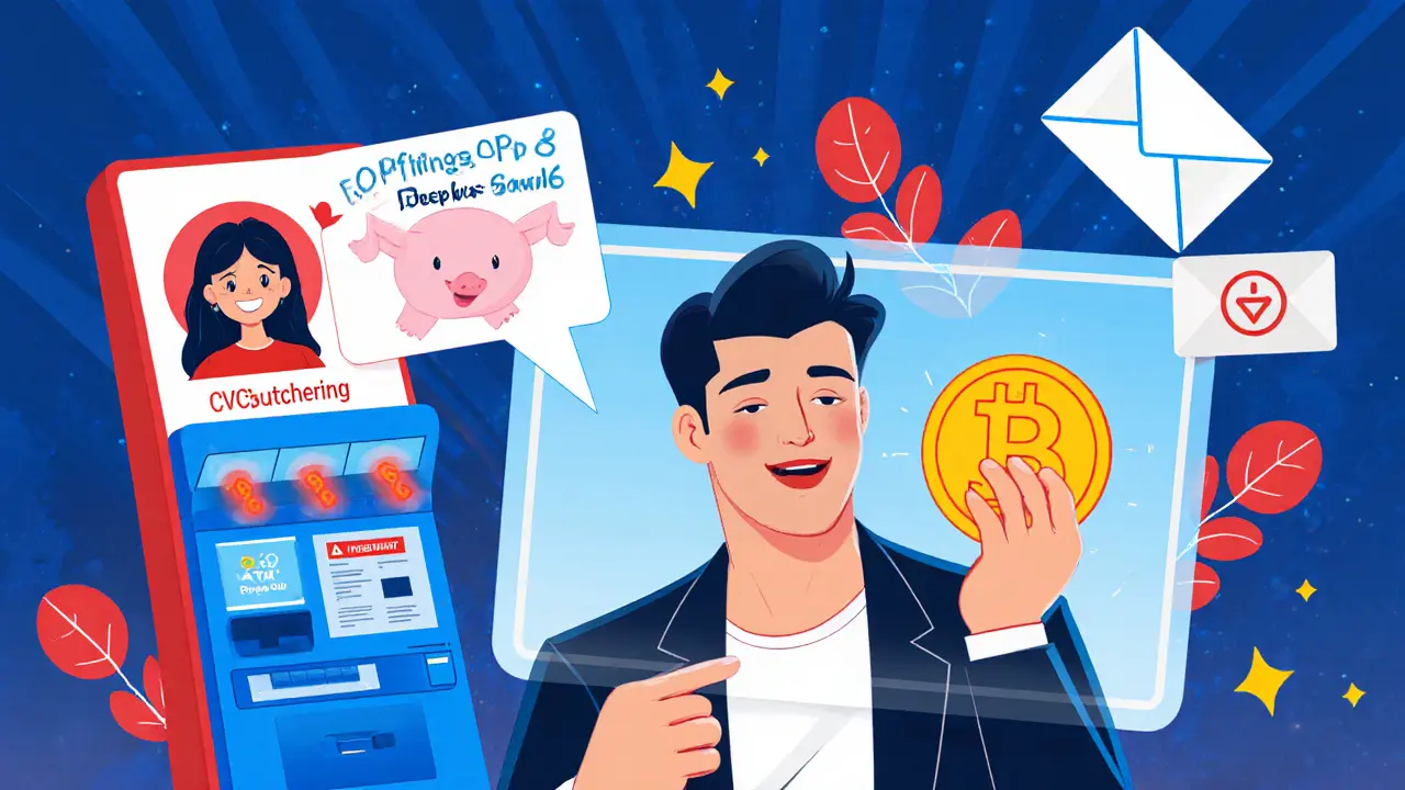Collage de estafas cripto: influencer AI, romance fraudulento, cajero CVC y correo phishing.