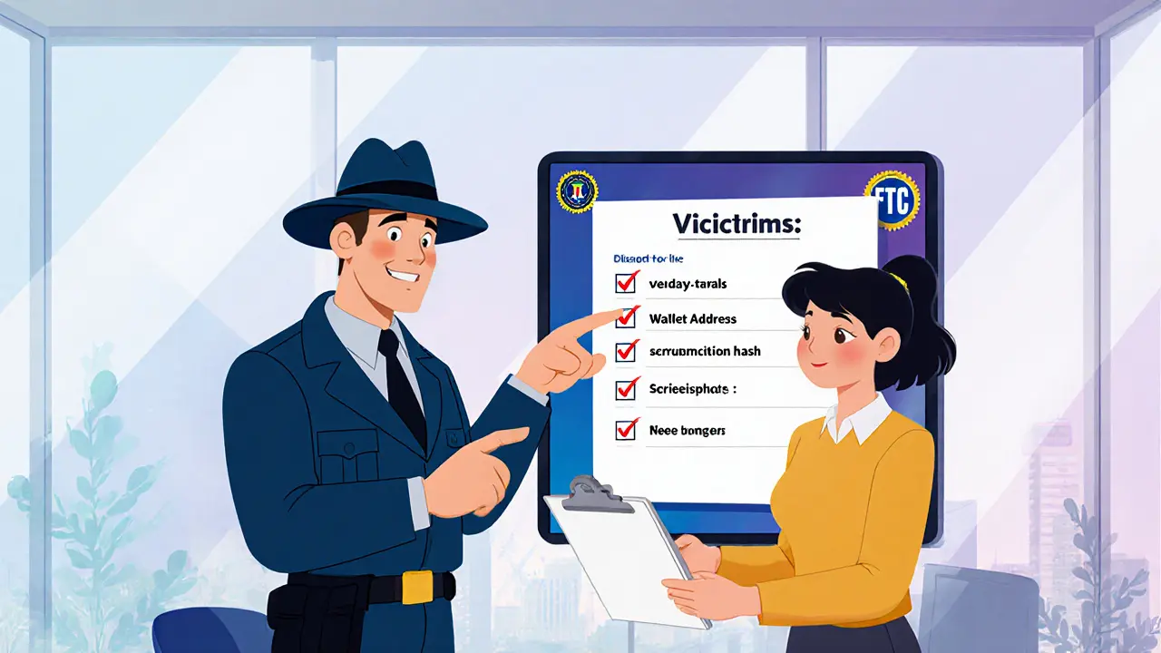 Detective Disney ayuda a víctima a rellenar informes de estafa cripto con lista de datos.