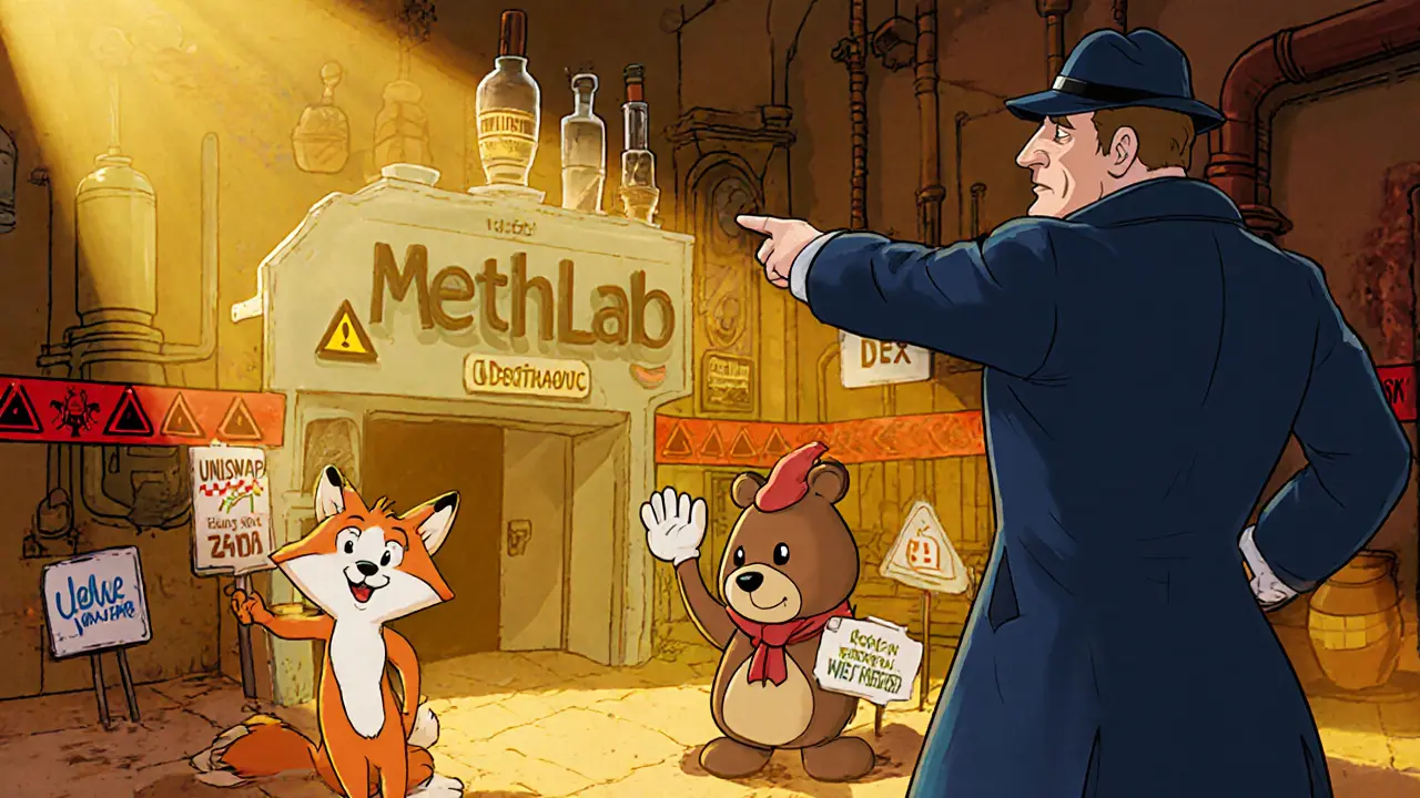 Detective hero señalando el peligro de MethLab mientras DEX confiables sonríen.