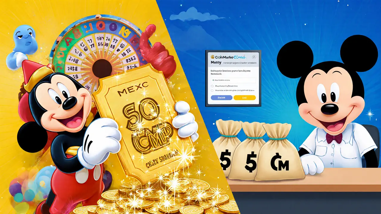 Dos personajes Disney: uno con ticket dorado MEXC y 50 CMP, otro con bolsas pequeñas de CoinMarketCap.