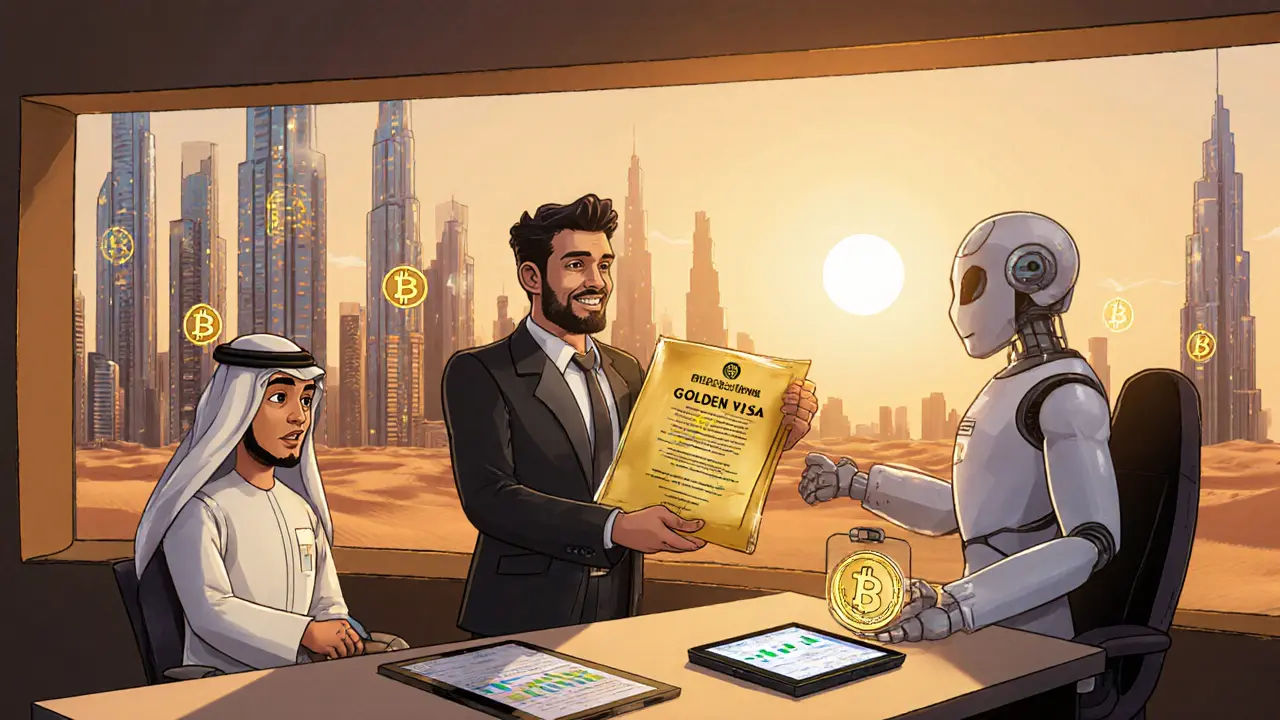 Emprendedor recibe Golden Visa en oficina de Dubái con rascacielos y símbolos cripto.