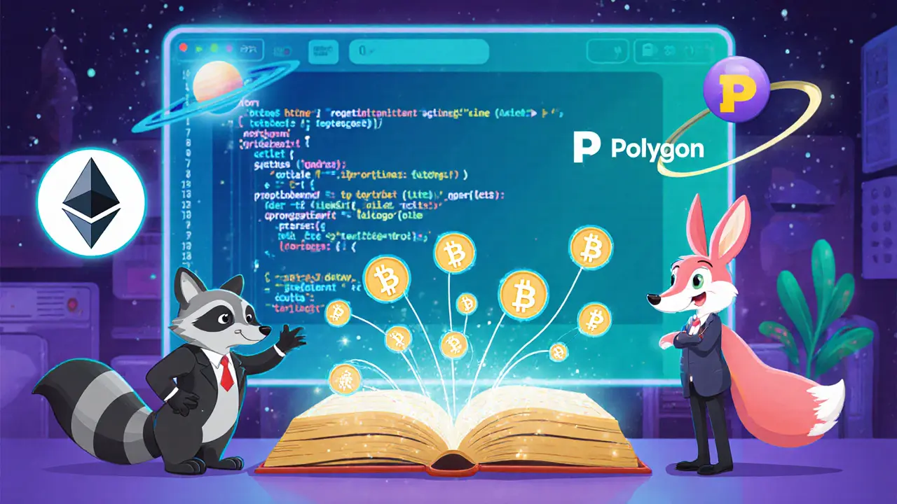 Equipo de dibujos animados crea un contrato inteligente en pantalla gigante con logos de Ethereum y Polygon.