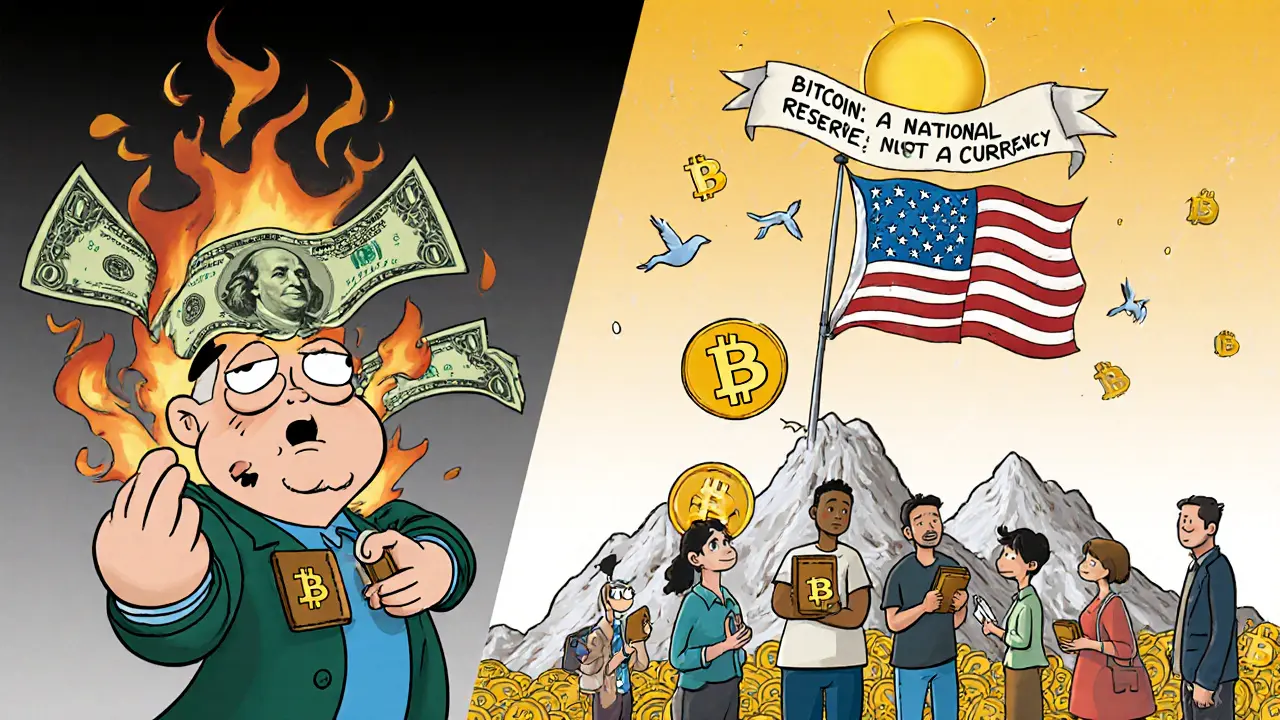 Escena dividida: un dólar se desvanece mientras una bandera de Bitcoin brilla en una montaña, con ciudadanos sosteniendo billeteras digitales.