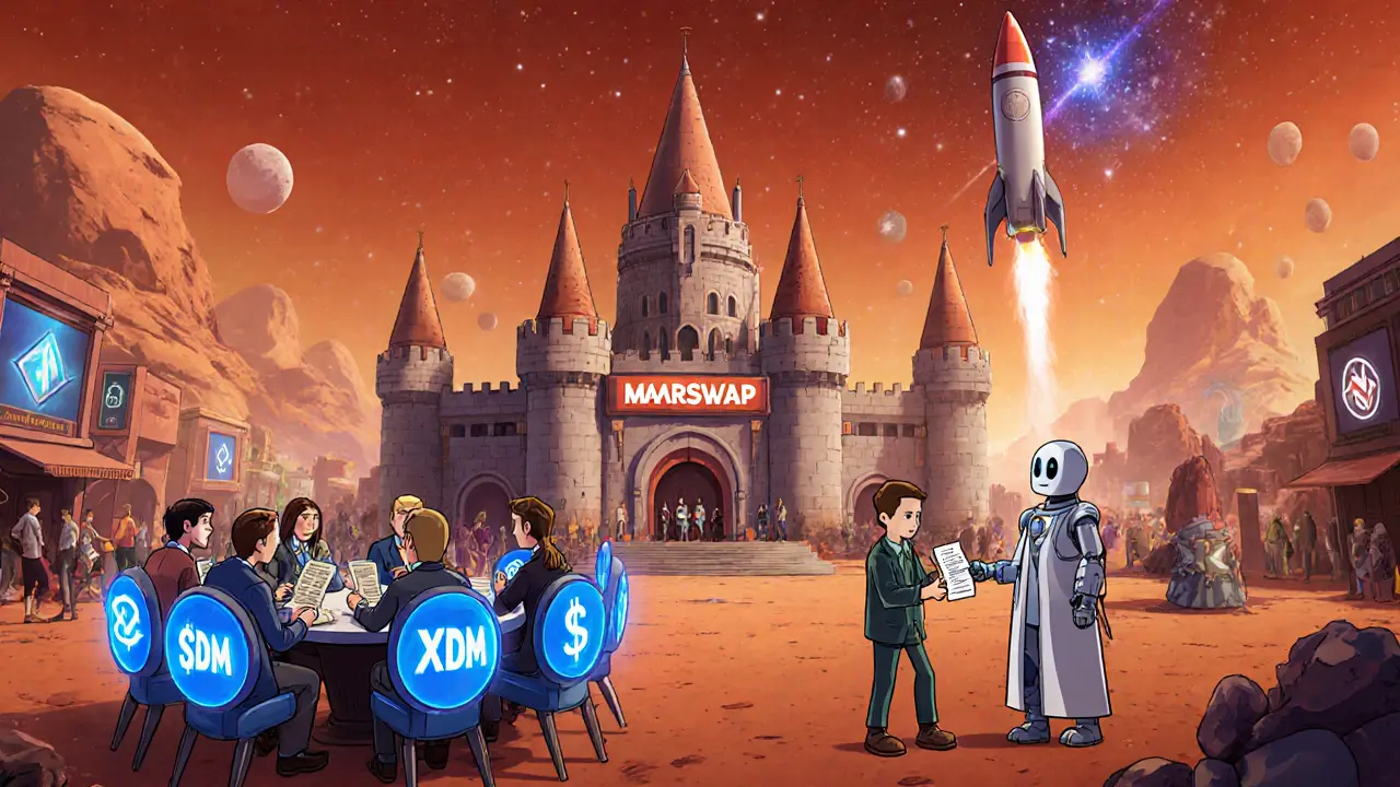 Escena futurista de MarsSwap, USDM y MarsDAO en estilo Disney.