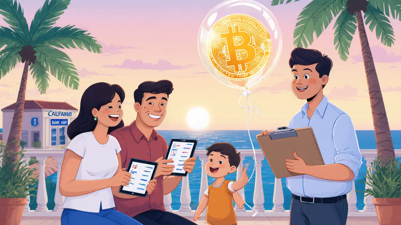 Familia en Panamá revisa cumplimiento cripto mientras el niño juega con globo de Bitcoin.