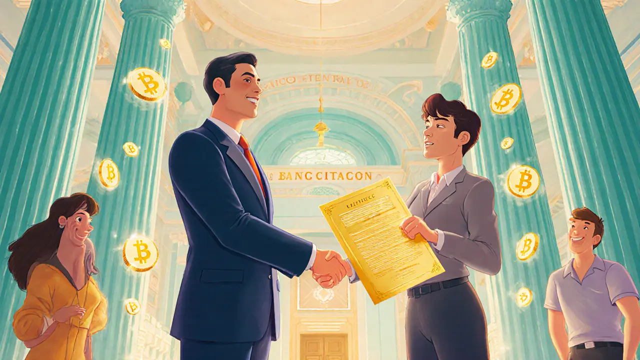 Funcionario del Banco Central entrega una licencia cripto a un emprendedor.