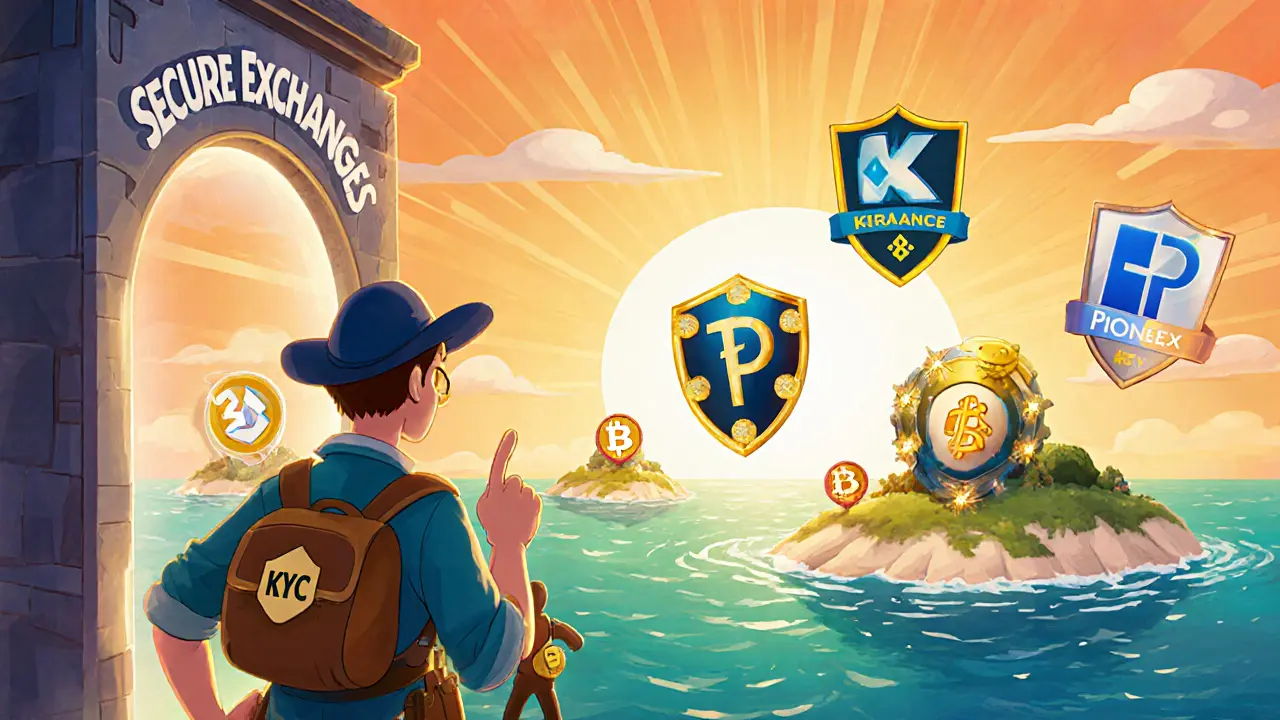 Guía heroico muestra islas de exchanges seguros con escudos y llaves de verificación.
