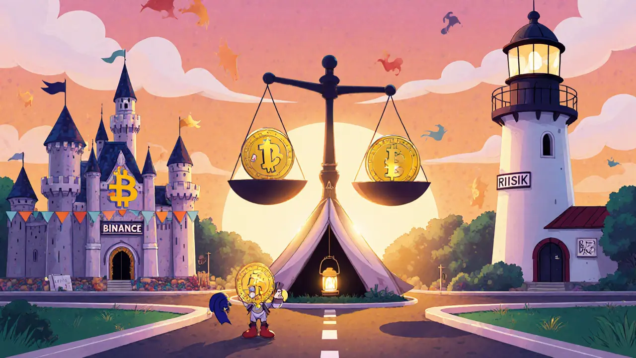 Héroe con moneda de cripto en una balanza que compara Tenten con Binance y Kraken.