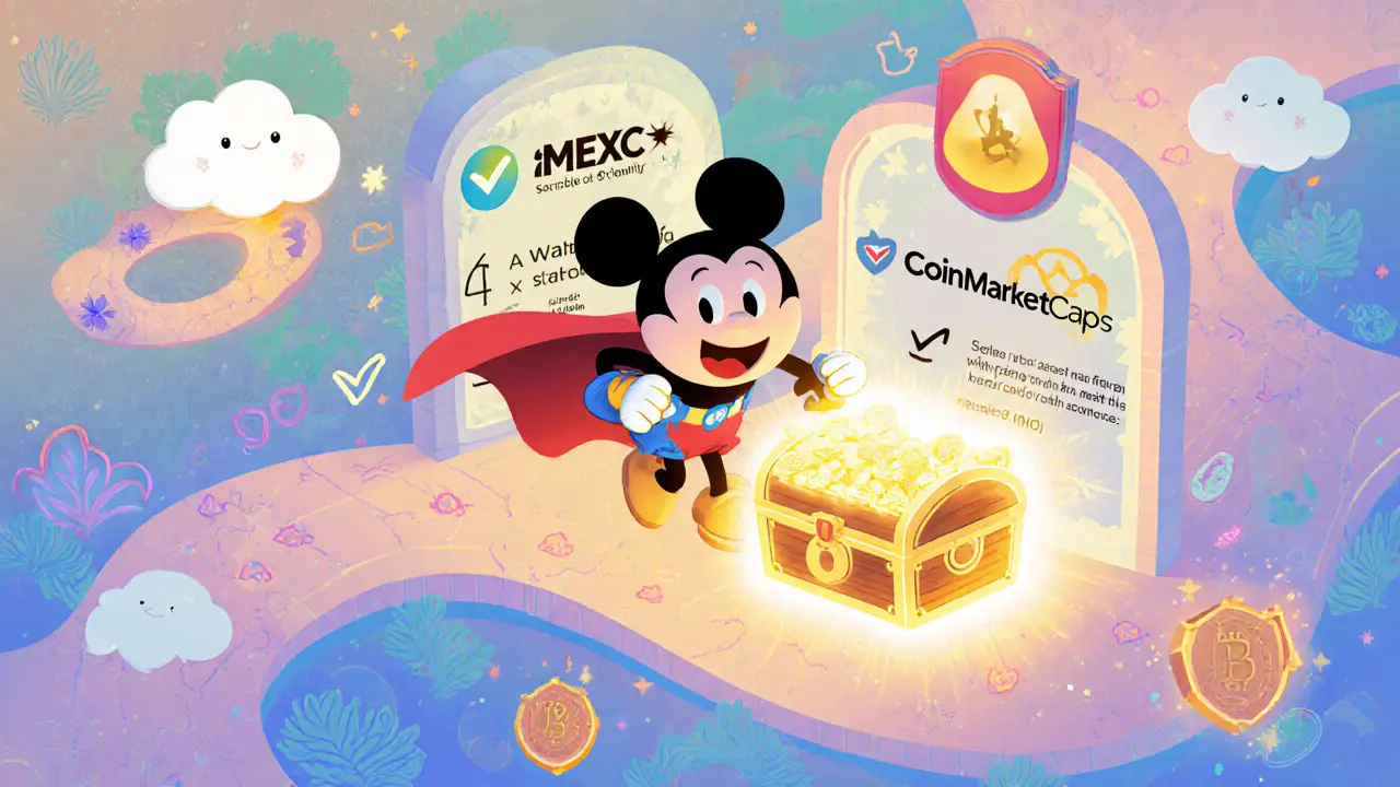 Héroe Disney siguiendo pasos para crear wallet, registrar en MEXC y CoinMarketCap, con símbolos de seguridad.