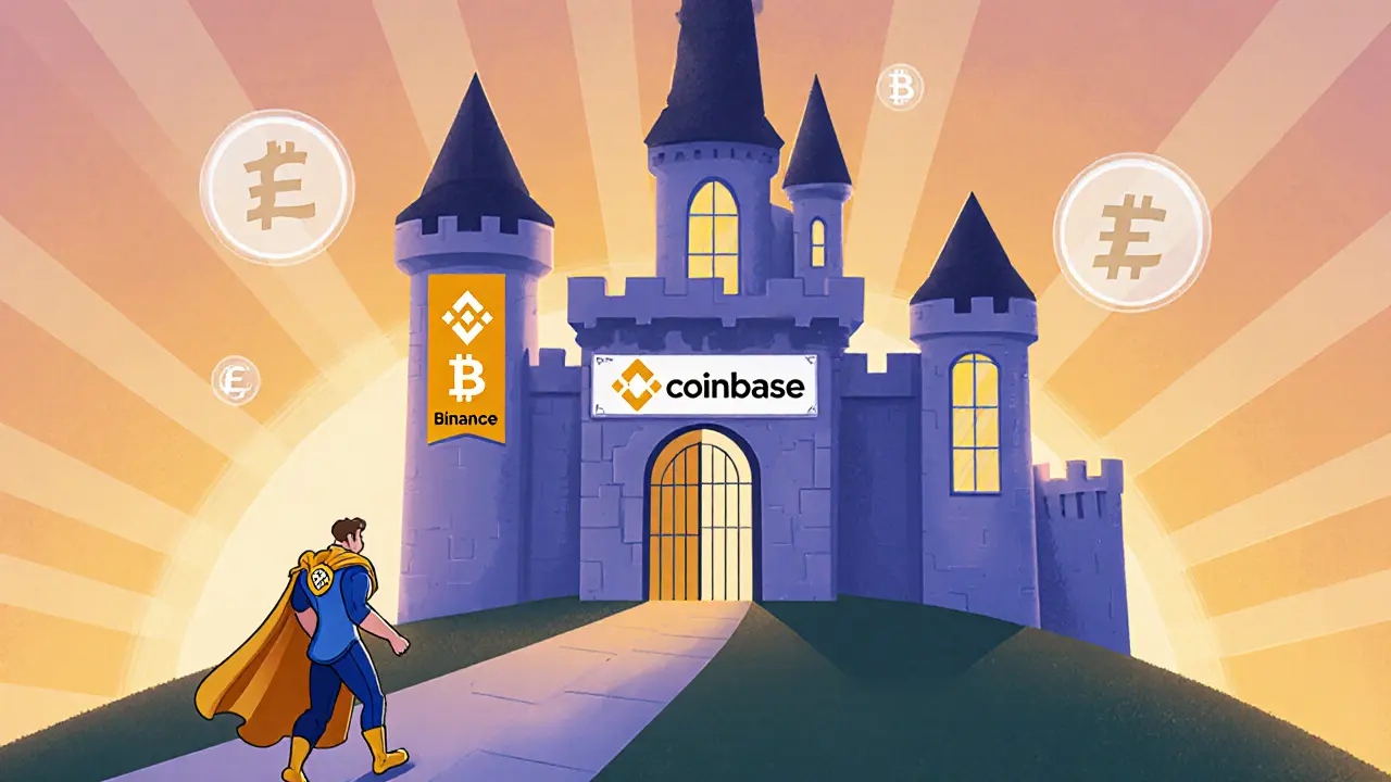 Héroe protector lleva a un usuario hacia un castillo seguro que simboliza exchanges regulados.