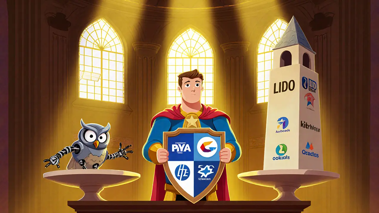 Juez búho balancea riesgos de contrato y centralización mientras héroe sostiene escudo diversificado.