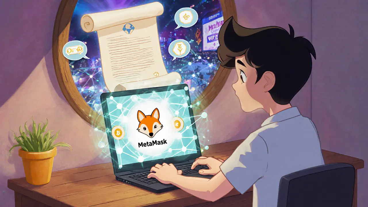 Personaje conecta su cartera MetaMask a la Binance Smart Chain frente a una pantalla holográfica.