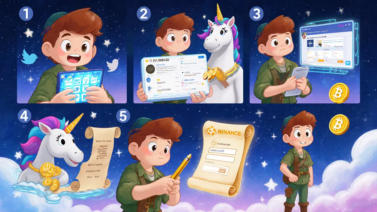 Personaje sigue pasos para participar en el airdrop con wallet, Binance y redes.