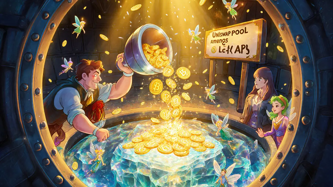 Personajes animados depositan tokens LST en una piscina de cristal, mostrando rendimientos y uso DeFi.