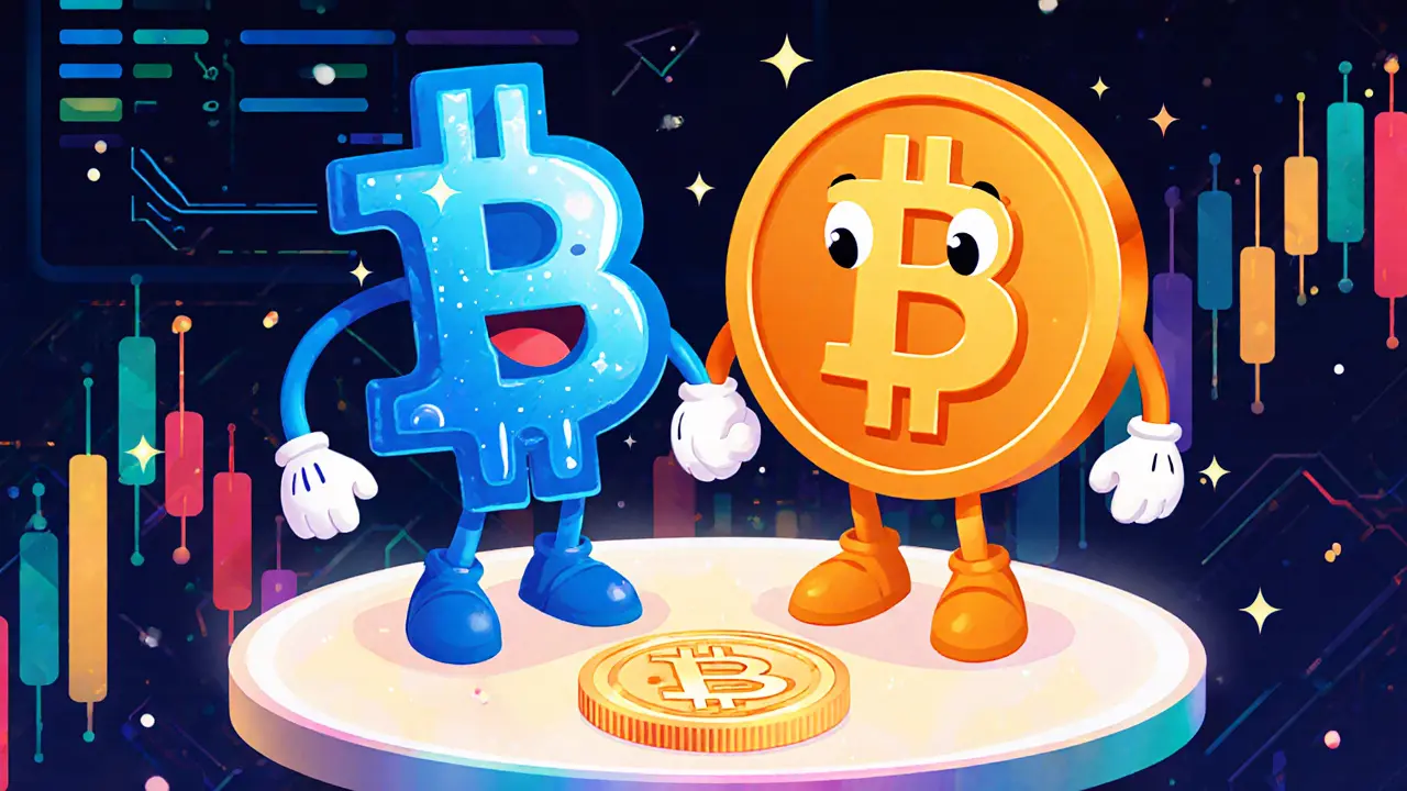 Personajes de Bitcoin y TEM intercambiando como pareja de trading.