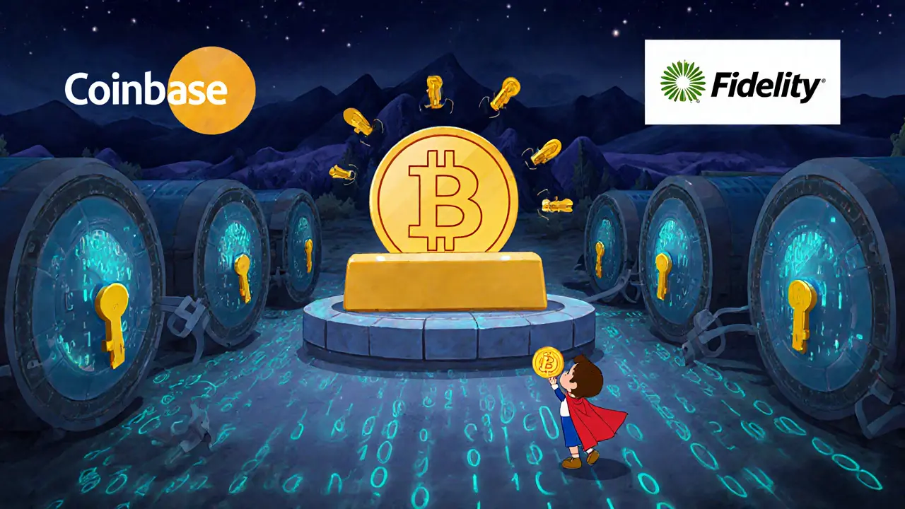 Red de bóvedas subterráneas con luces criptográficas y un símbolo de Bitcoin protegido por guardianes estilo Disney.