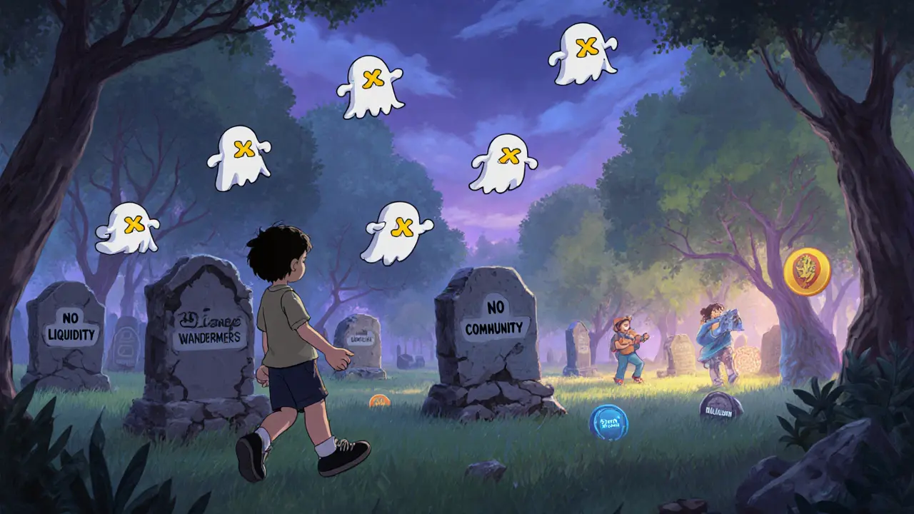 Un cementerio digital de proyectos fallidos con tokens fantasma caminando hacia juegos exitosos.