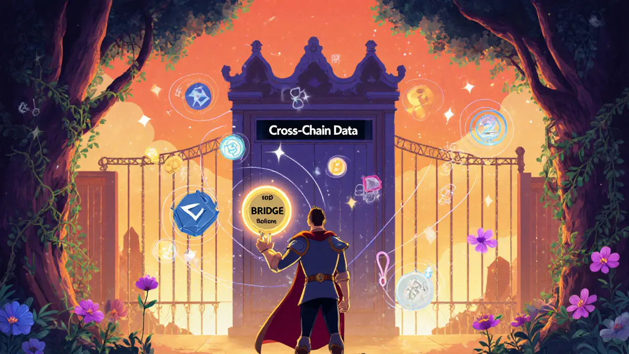 Un desarrollador usando un token BRIDGE como llave mágica para abrir una puerta entre cadenas de bloques, estilo Disney.