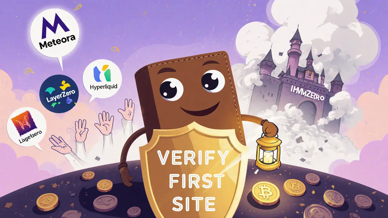 Un heroico monedero ilustrado defiende la verificación frente a un castillo de estafas que se derrumba.