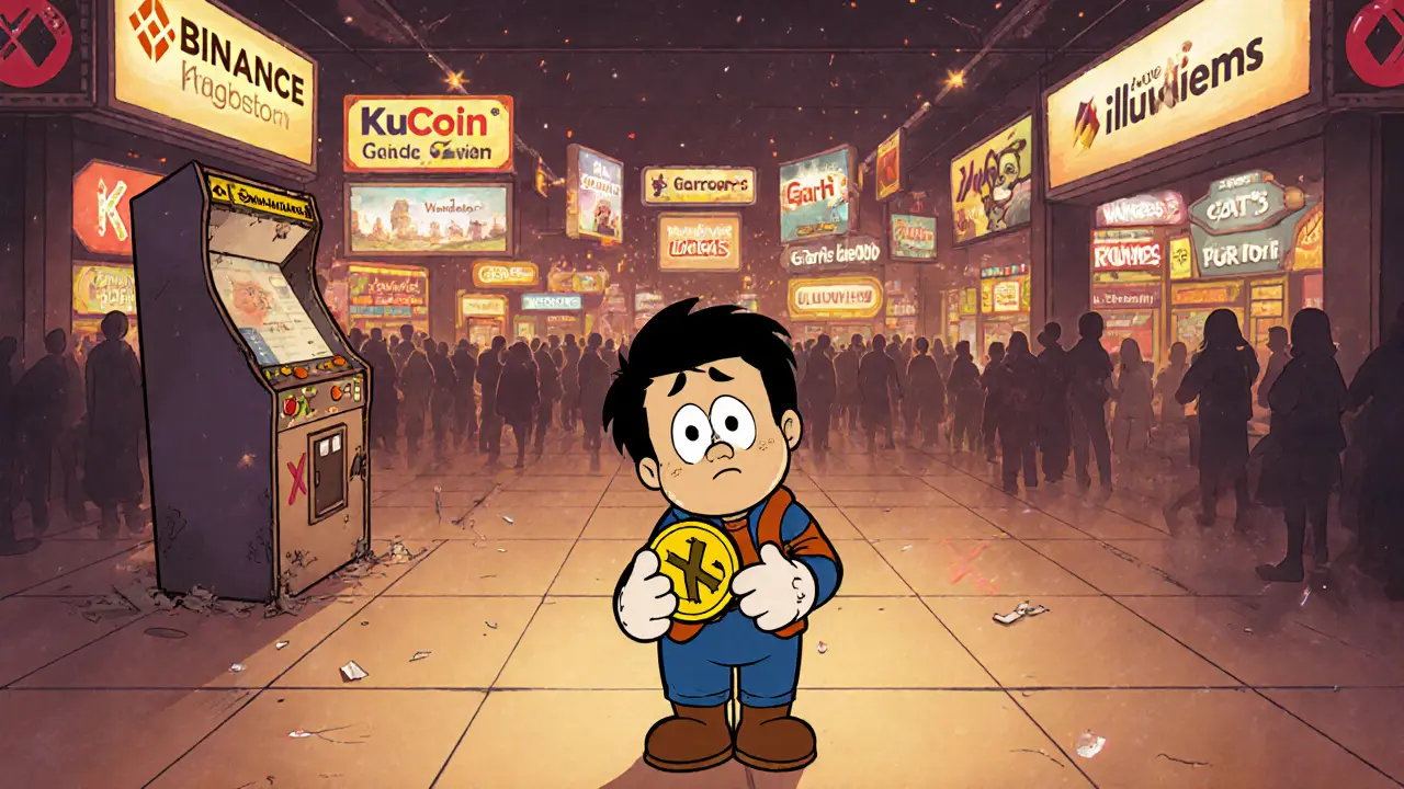 Un jugador solo frente a un mercado digital vacío con los logotipos de intercambios tachados.