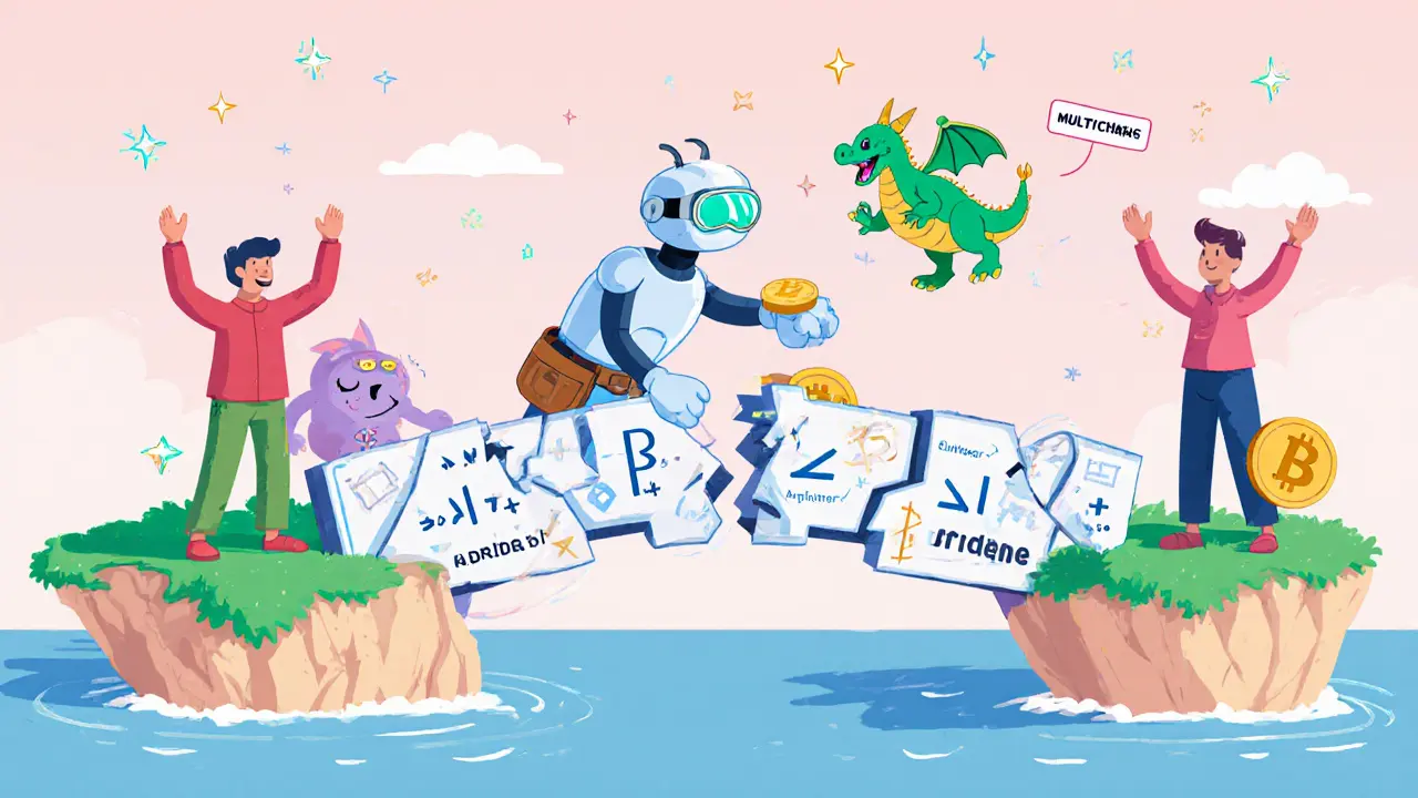 Un robot relayer repara un puente criptográfico mientras usuarios celebran, con un dragón de hack huyendo, estilo Disney.