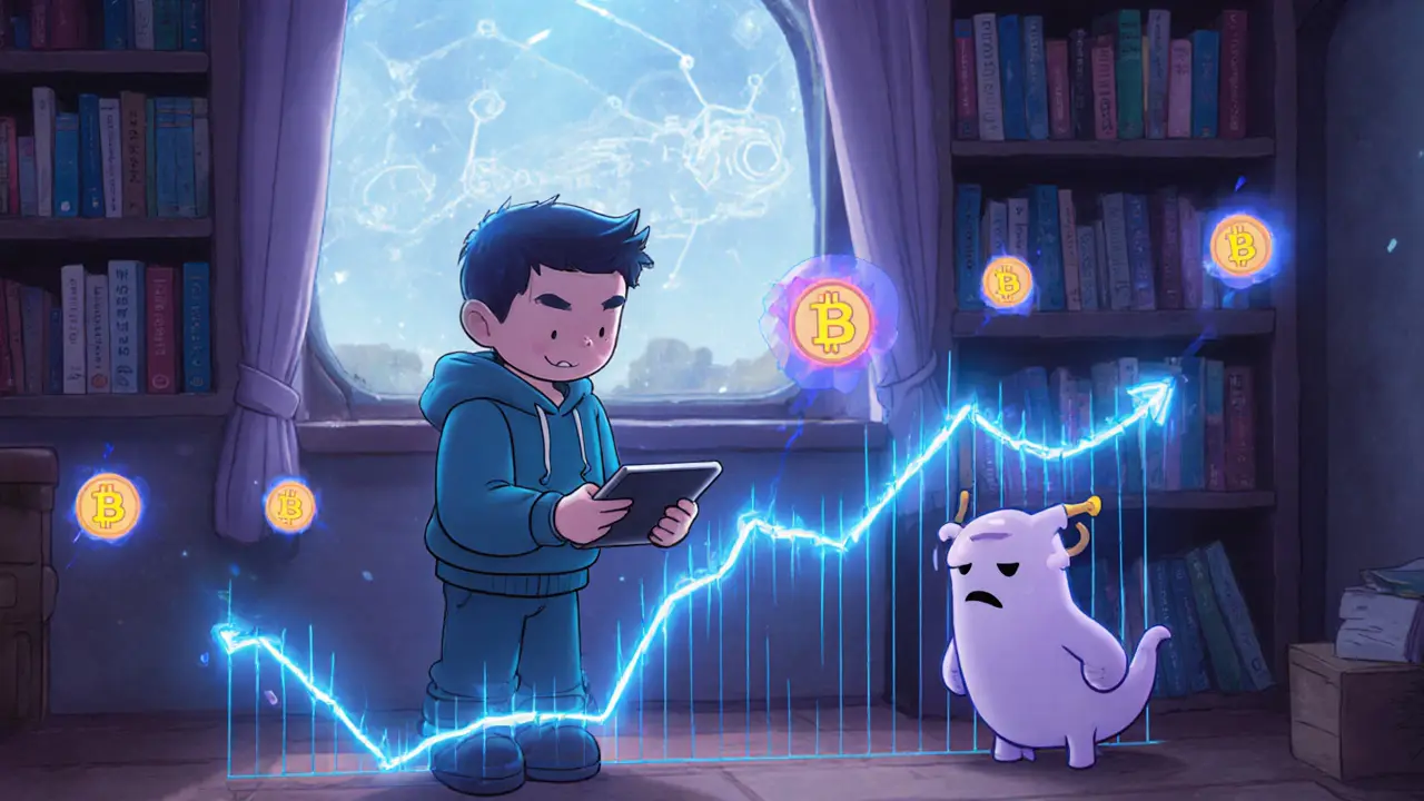 Un trader usa una tableta mágica para concentrar liquidez mientras un espíritu de deslizamiento se aleja.