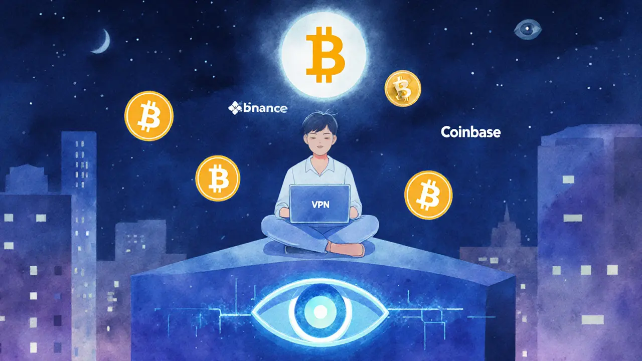 Un usuario en el techo usa VPN mientras el control estatal NDAChain lo vigila desde abajo.