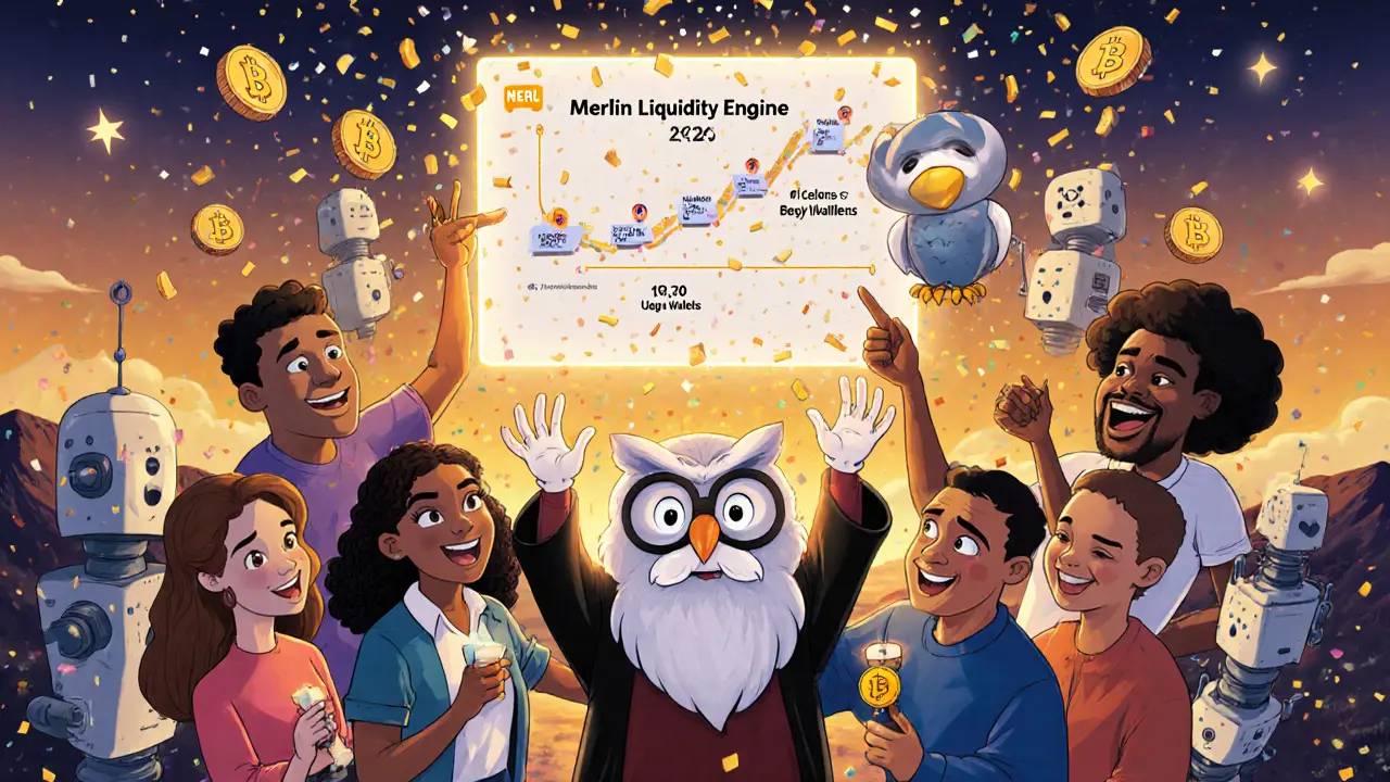 Usuarios celebran frente a un tablero holográfico con tokens MERL cayendo como confeti, estilo Disney.