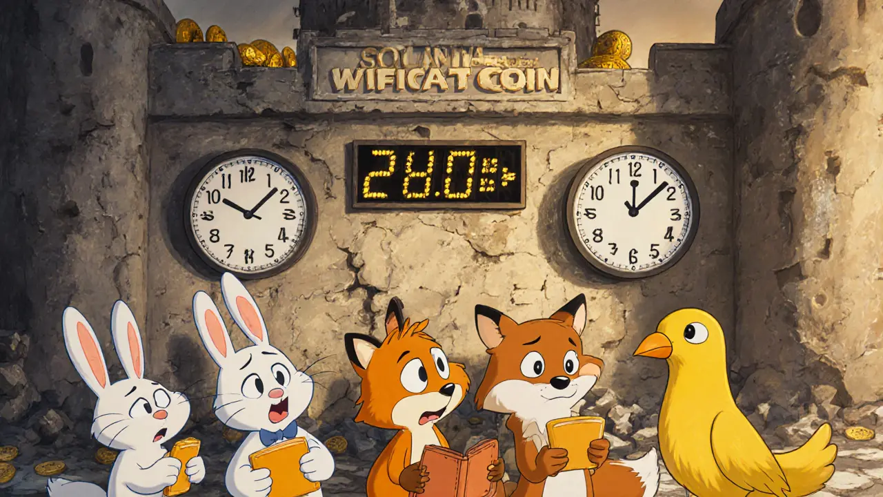 Animales cartoon mirando relojes con precios contradictorios de WIFCAT, detrás una fábrica de tokens que se derrumba.