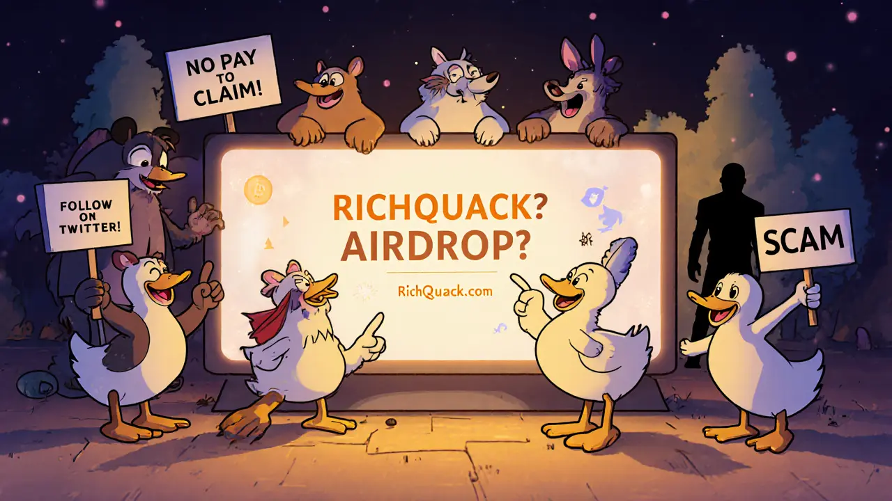 Animales cartoon reaccionan ante un portal de airdrop, mientras una figura de estafa desaparece en la sombra.