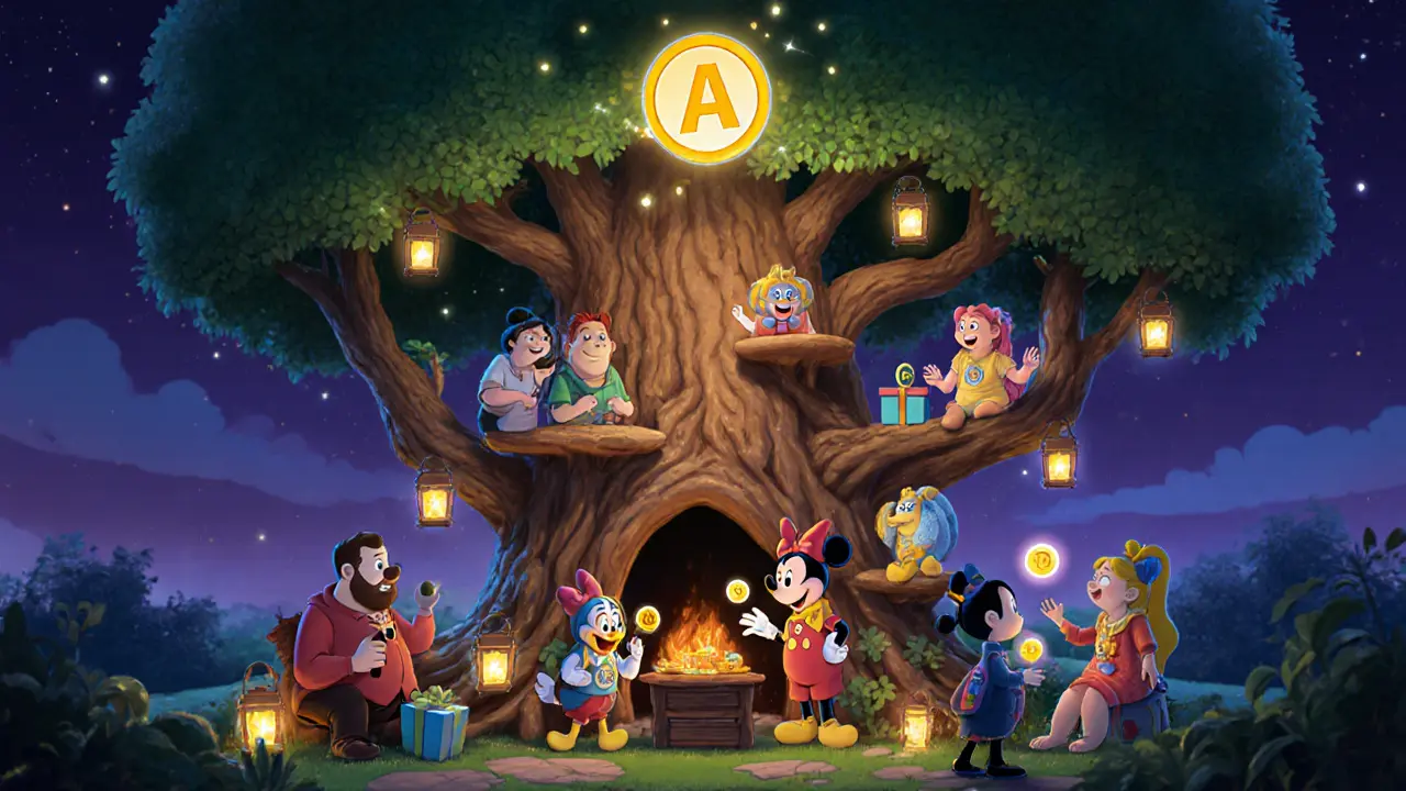 Comunidad de NFT en un salón en forma de árbol blockchain, con tokens como medallas y votos flotantes.