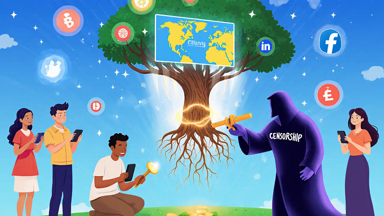 Interfaz mágica en forma de árbol conectando a personas de todo el mundo, simbolizando inclusión financiera global.