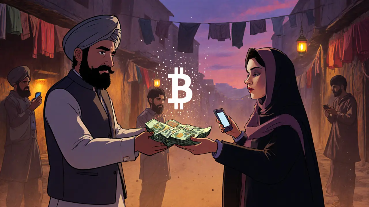 Intermediarios intercambian dinero en efectivo por USDT en un mercado afgano al atardecer, con teléfonos ocultos y luces cálidas.