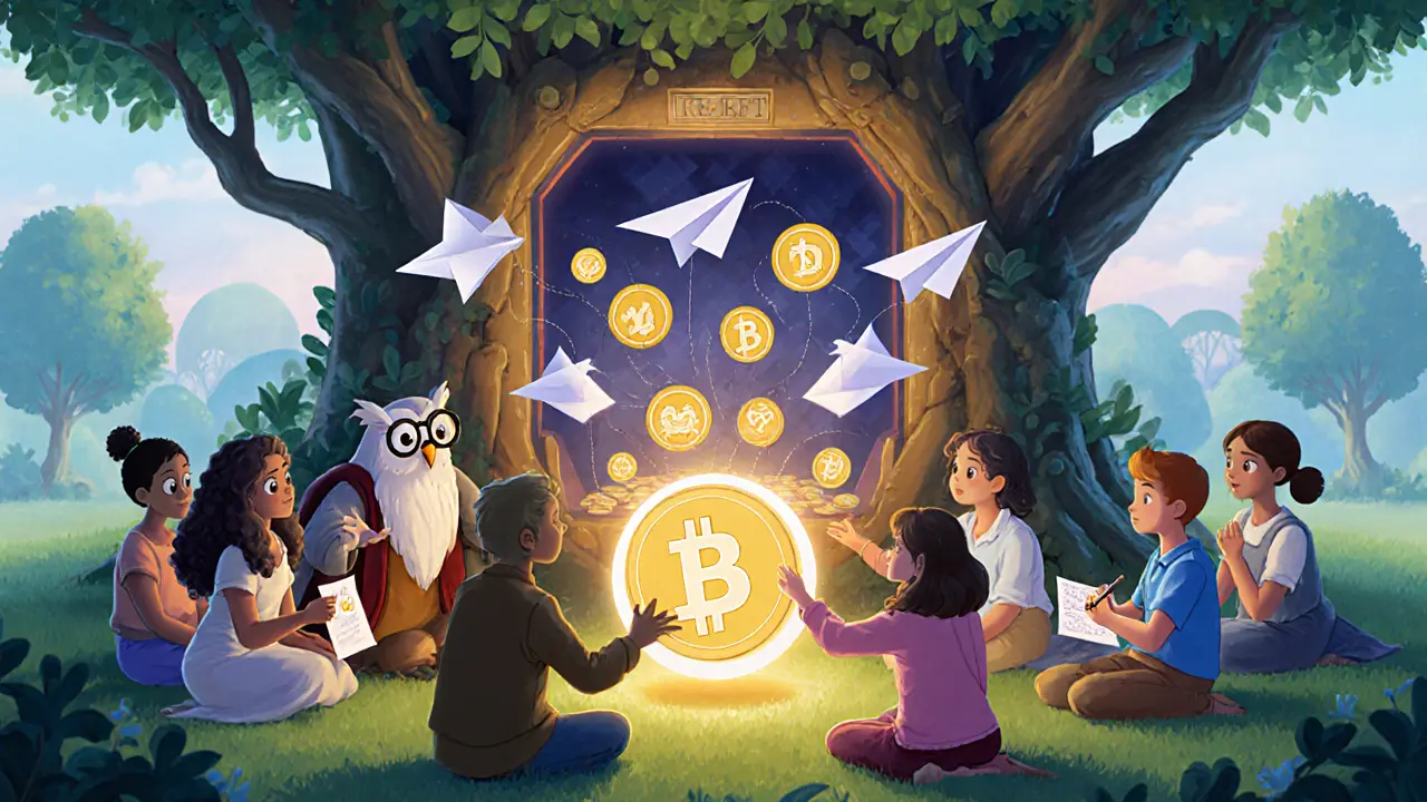 Miembros de una DAO comparten una esfera de propiedad bajo un árbol de blockchain, mientras un búho enseña votación.