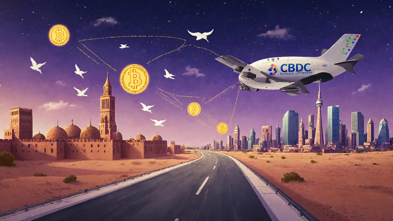 Monedas cripto vuelan como pájaros entre Marruecos y Europa, mientras un dron oficial intenta atraparlas en un cielo atardecido.