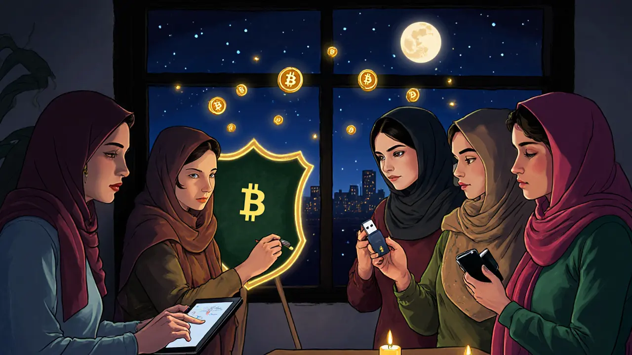 Mujeres afganas aprenden en secreto a usar billeteras cripto en una clase clandestina iluminada por velas, con tokens flotando como luciérnagas.