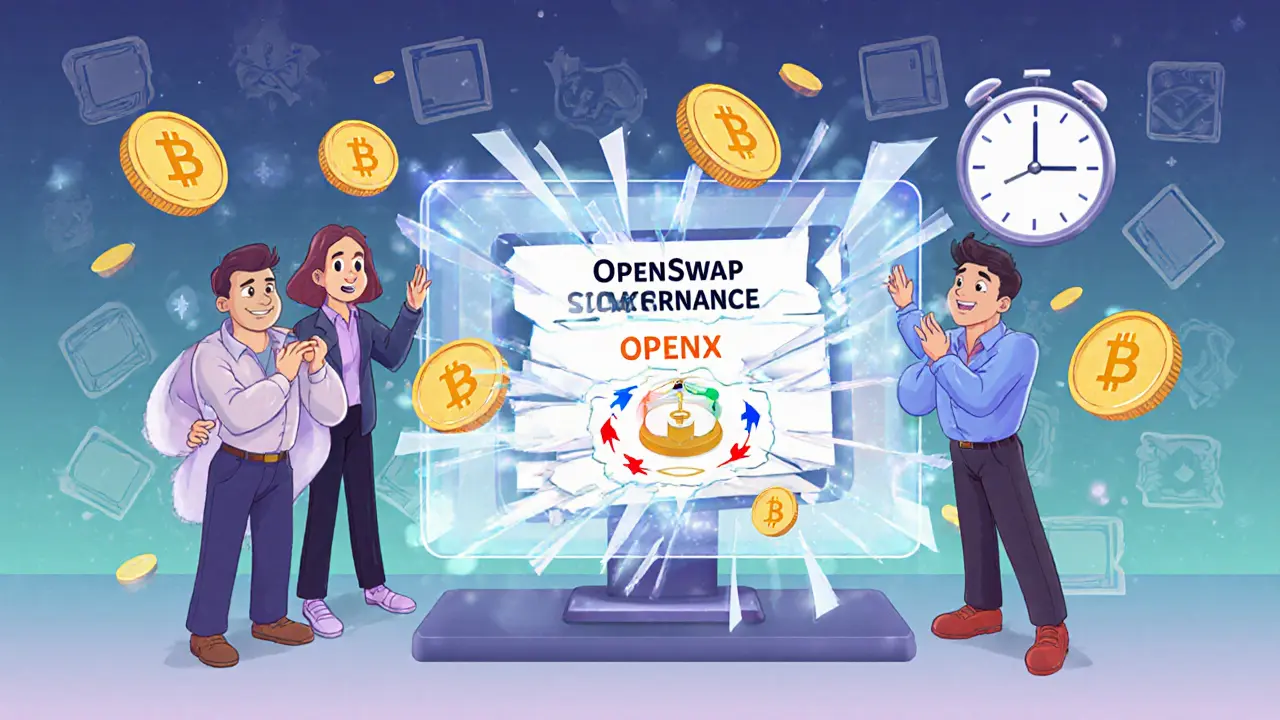 Pequeños inversores intentando votar en una pantalla rota de gobernanza de OpenSwap, con tokens flotando inútilmente.