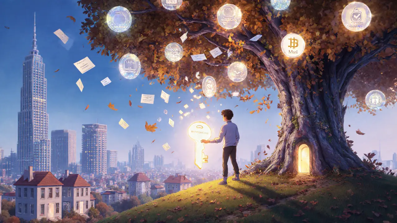 Persona libera sus datos personales como hojas al viento, mientras una cadena de bloques brillante crece detrás de ella.