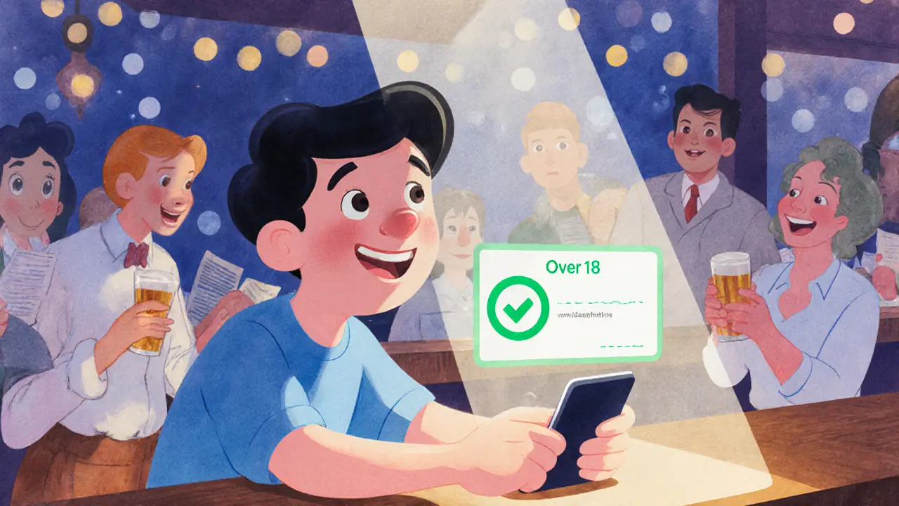 Persona verifica su edad en un bar sin mostrar su identidad, mientras otros entregan documentos tradicionales.