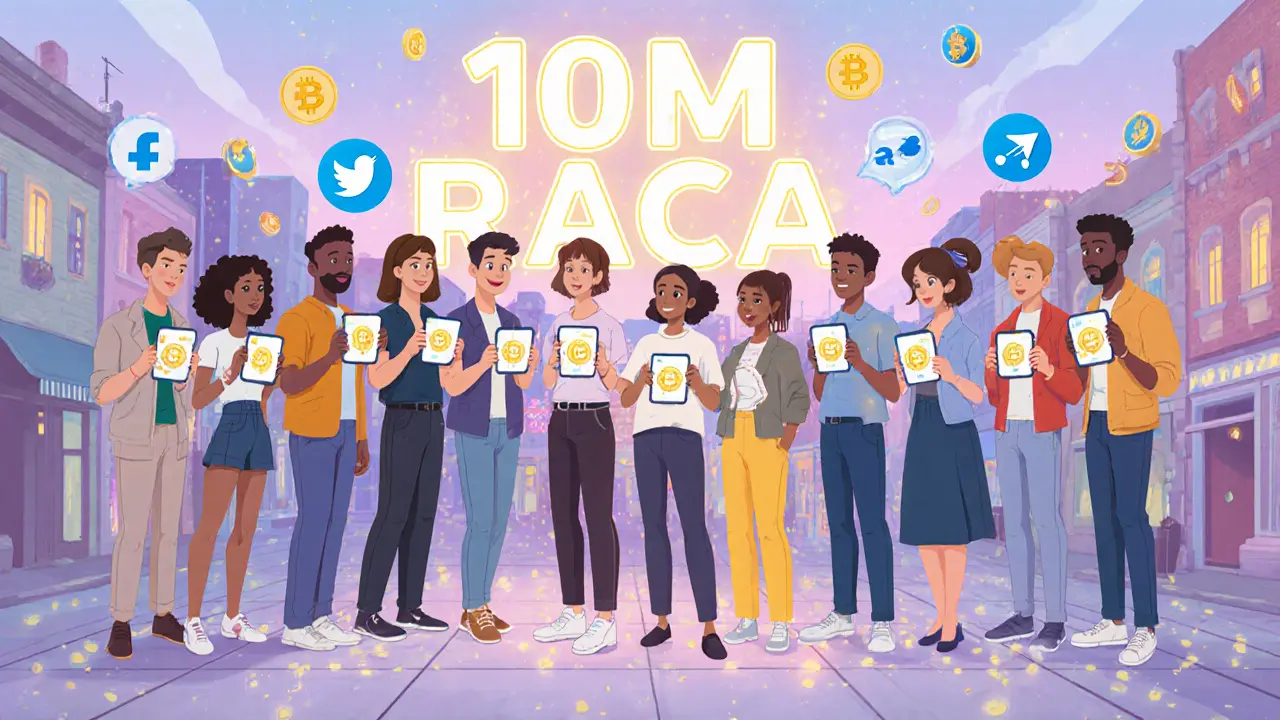 Personas celebrando en una plaza digital con NFTs flotantes y un letrero de &#039;10M RACA&#039; brillante.