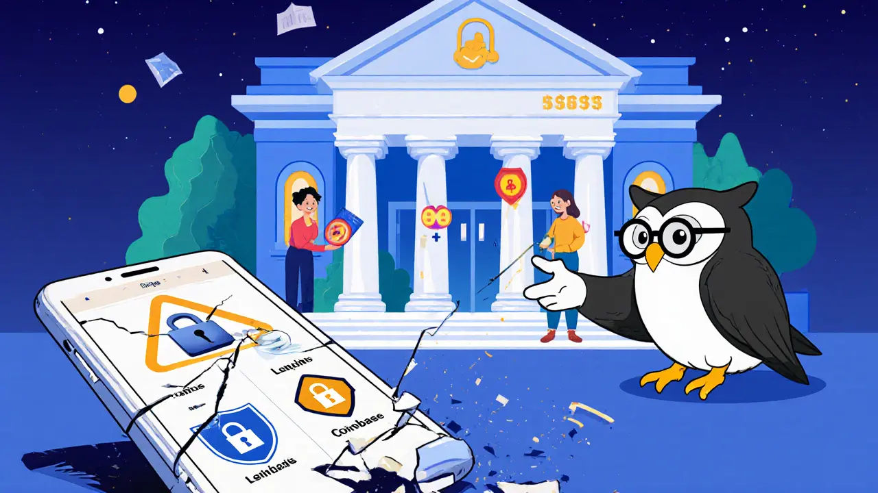 Plataforma de cripto segura ilustrada con usuarios tranquilos, mientras Ourbit está destrozado en el suelo con símbolos de advertencia y un búho sabio señalando el camino correcto.