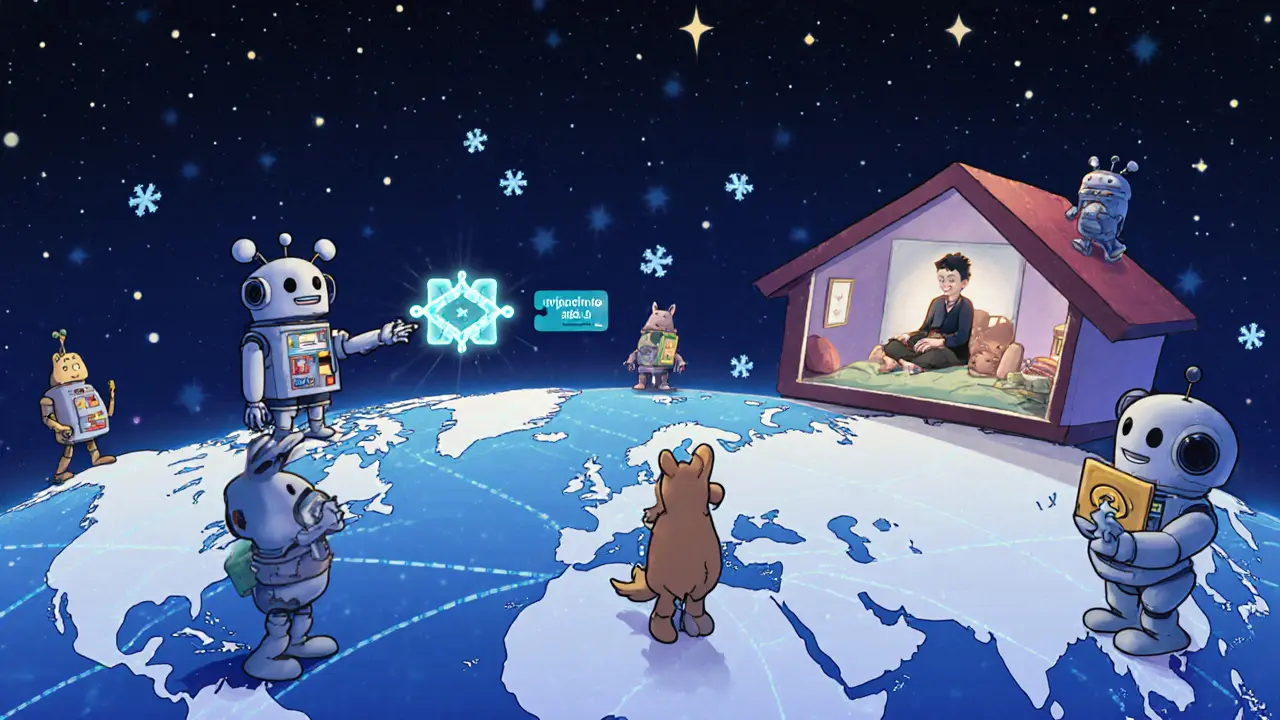 Red global de robots y animales como nodos de blockchain, enviando pagos directos sin intermediarios.