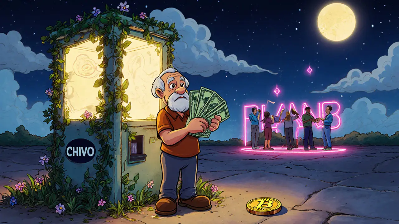 Un anciano sostiene billetes de dólar junto a una kiosco Chivo abandonada, mientras en el fondo se ve un evento de criptomonedas.