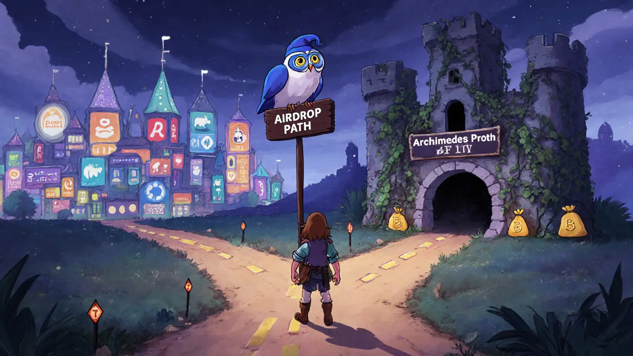 Un aventurero elige entre un camino activo de DeFi y un proyecto abandonado, con un búho sabio observando.