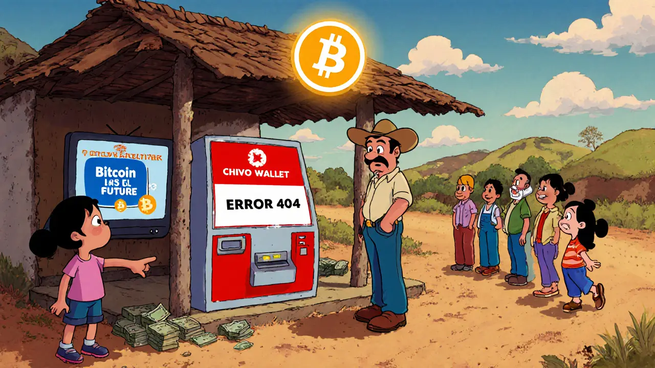 Un campesino mira una kiosco Chivo averiada mientras clientes esperan con dinero en efectivo.